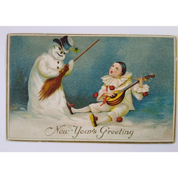 New Years Postcard Mean Snowman Harlequin Series 47 Embossed Allegheny PA 1910 - Picture 2 of 4